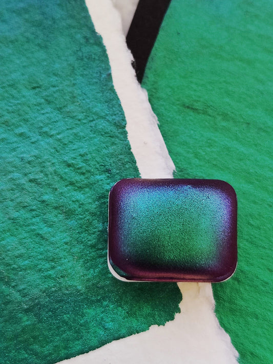 Handcrafted watercolor 1/4 godet purple green blue supercolorshift iridescent paint calligraphy handmade handlettering KORE