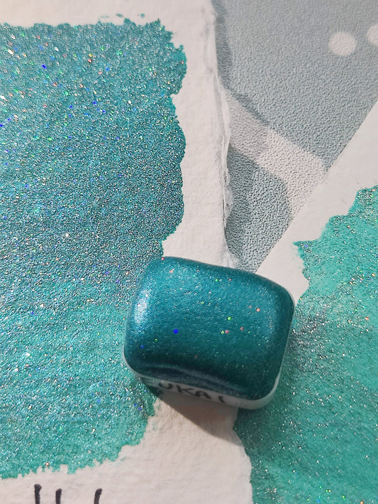 Holographic artisan watercolor 1/4 godet holo teal pearl base paint calligraphy handmade FUKAI HOLO
