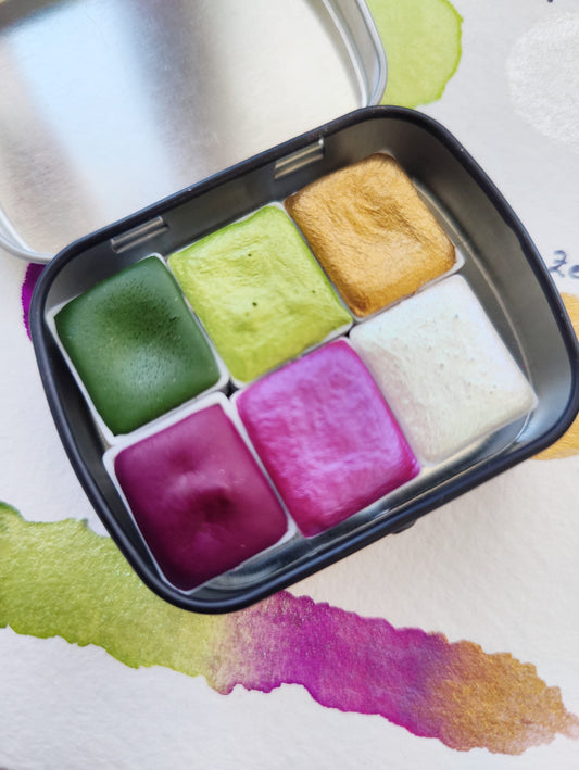 Set of 6 by 1/2 godet pan handcrafted watercolors high quality matte interference gold purple green watercolors lettering purple green HARU SET