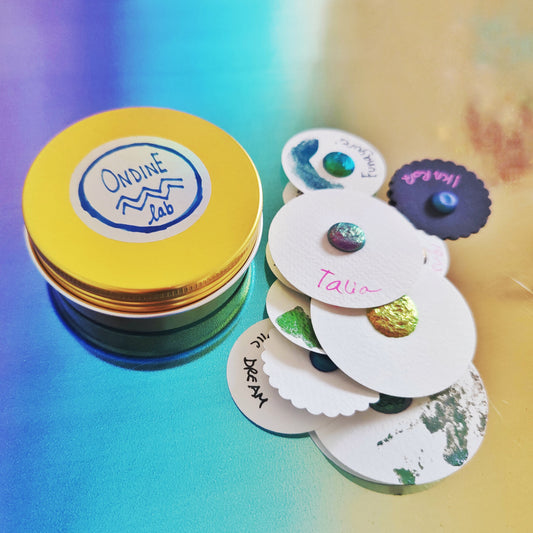 Set of 10 dot cards handmade watercolor handmade lettering multicolored iridescent calligraphy blue purple green pink COLORSHIFT DOTS
