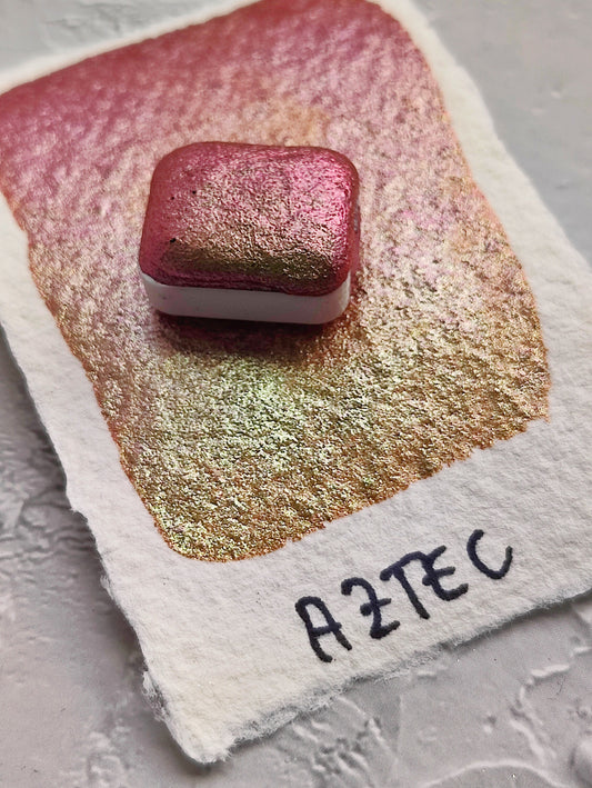 Handmade watercolor 1/4 godet pan rust green tones colorshift iridescent paint calligraphy handlettering handmade AZTEC