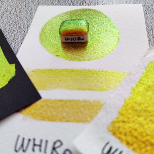 Handcrafted watercolor 1/4 godet yellow orange green colorshift paint calligraphy handmade handlettering WHIRO