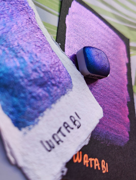 Watercolor craft 1/4 godet pan blue purple colorshift iridescent paint calligraphy handlettering handmade WATABI