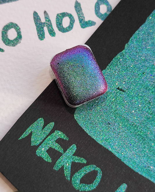 Handcrafted watercolor 1/4 godet green purple blue colorshift holographic calligraphy handmade handlettering NEKO HOLO