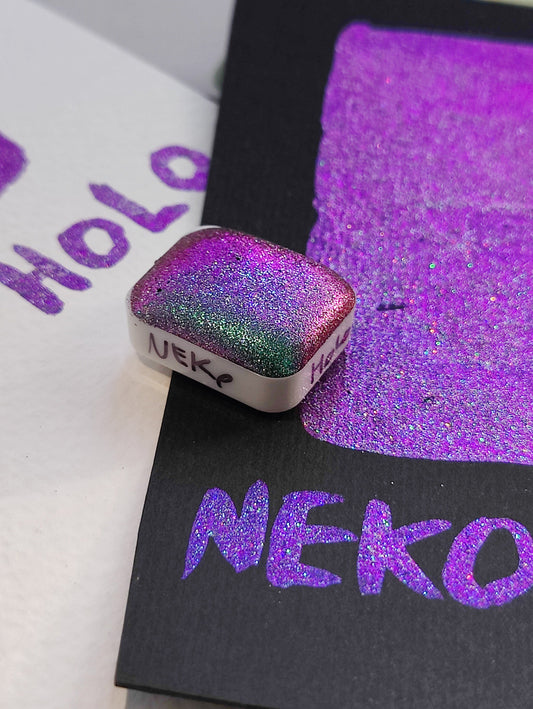 Handcrafted watercolor 1/4 godet green purple blue colorshift holographic calligraphy handmade handlettering NEKO HOLO